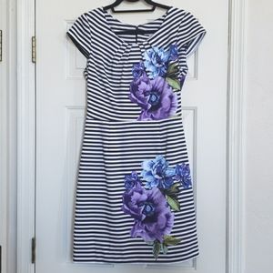 SHELBY & PALMER Black White Sheath Dress Stripe Blue Purple Bold Floral